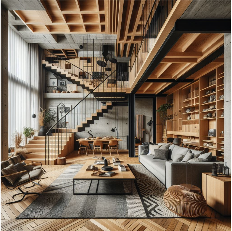 Living room con estructuras mixtas.